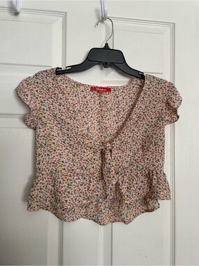 Rainbow size Large Floral Tie-Front Crop Top - Pink Multicolor